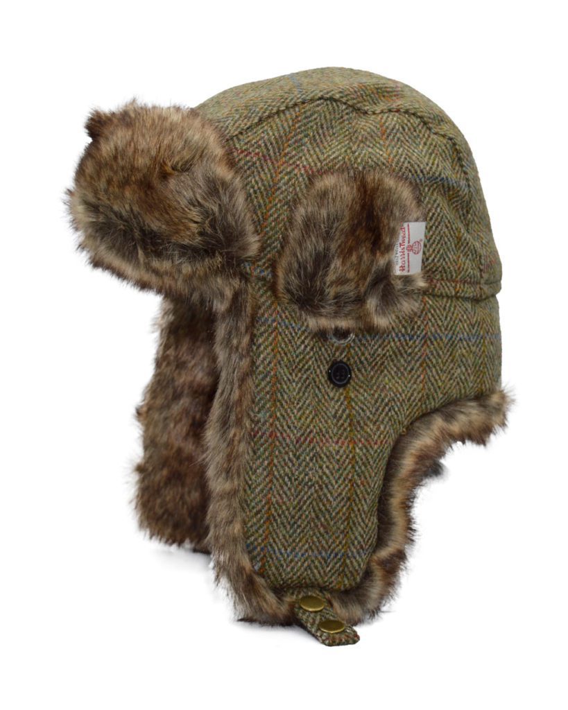 Tweed Trapper Hat / Aviator Cap Style - Olive Green